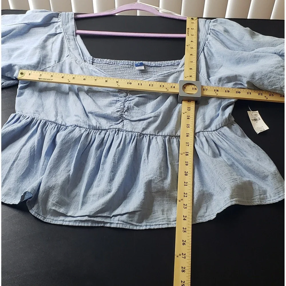 Old Navy Womens 2X Blue Cotton Puff Sleeve Peplum Blouse Smocked Back Summer